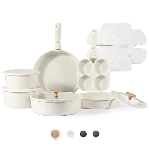 CAROTE Pots and Pans Set Non Stick Cookware Sets 11pcs Kitchen Set OvenFridge Safe Space Saving Pots Set Nonstick Set with Versatile RemovableDetachable Handle Induction RV Set Cream White