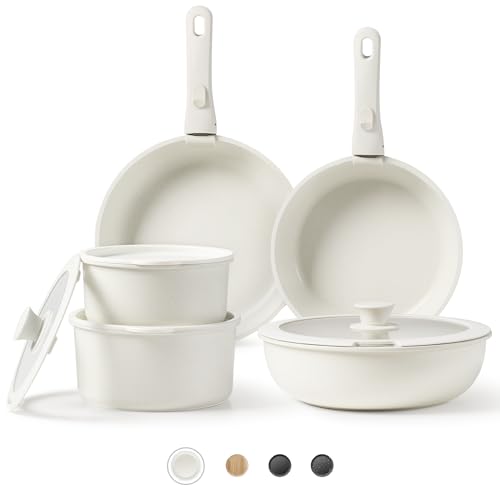 CAROTE Pots and Pans Set Non Stick Cookware Sets 11pcs Kitchen Set OvenFridge Safe Space Saving Pots Set Nonstick Set with Versatile RemovableDetachable Handle Induction RV Set Cream White