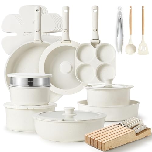 CAROTE Pots and Pans Set Non Stick Cookware Sets 11pcs Kitchen Set OvenFridge Safe Space Saving Pots Set Nonstick Set with Versatile RemovableDetachable Handle Induction RV Set Cream White