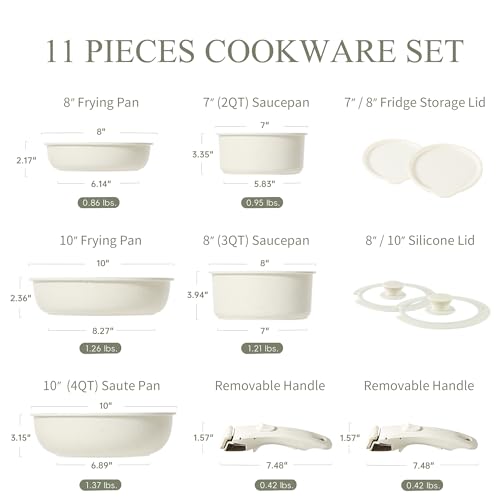 CAROTE Pots and Pans Set Non Stick Cookware Sets 11pcs Kitchen Set OvenFridge Safe Space Saving Pots Set Nonstick Set with Versatile RemovableDetachable Handle Induction RV Set Cream White