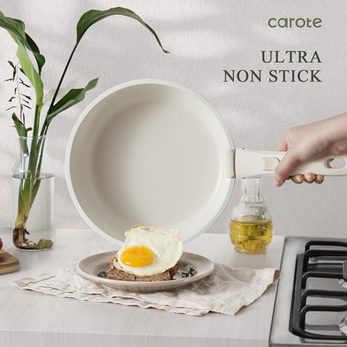 CAROTE Pots and Pans Set Non Stick Cookware Sets 11pcs Kitchen Set OvenFridge Safe Space Saving Pots Set Nonstick Set with Versatile RemovableDetachable Handle Induction RV Set Cream White