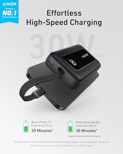 Anker Zolo Portable Charger 10000mAh 30W Power Bank with Builtin Lanyard USBC Cable for Travel Fast Charging Battery Pack for iPhone 1615 Series MacBook Galaxy iPad and More