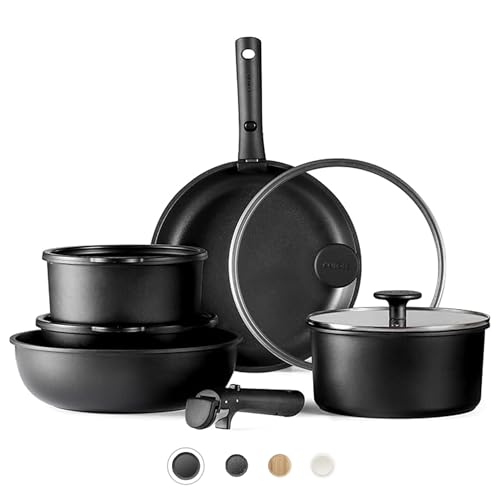 CAROTE Pots and Pans Set Non Stick Cookware Sets 11pcs Kitchen Set OvenFridge Safe Space Saving Pots Set Nonstick Set with Versatile RemovableDetachable Handle Induction RV Set Cream White