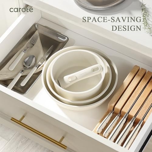 CAROTE Pots and Pans Set Non Stick Cookware Sets 11pcs Kitchen Set OvenFridge Safe Space Saving Pots Set Nonstick Set with Versatile RemovableDetachable Handle Induction RV Set Cream White